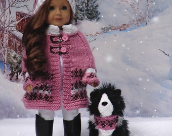 Denali, PDF Doll Clothes a faux fair isle Cape, Hat & Fingerless-Mitts knitting pattern set for American Girl Dolls by Debonair Designs