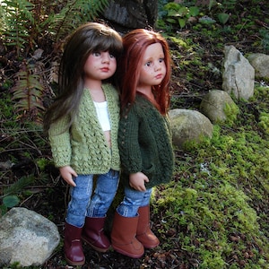 Kelby PDF knitting pattern for an open front cardigan with two optional length fits Gotz Happy Kidz dolls fits 18&quot; American Girl Dolls