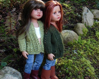 Kelby PDF knitting pattern for slim all vinyl Gotz dolls ~ an open front cardigan with two optional lengths by Debonair Designs