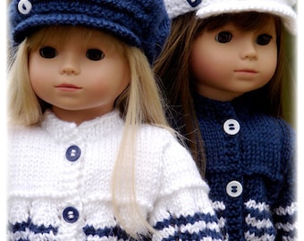 Adrift, PDF Doll Clothes a nautical inspired cardigan knitting pattern for American Girl Dolls by Debonair Designs