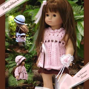 May include: Two dolls wearing pink and brown knitted dresses with brown trim. The dolls are wearing hats and are standing in a garden setting. The image is titled "Neapolitan Chic Collection by Debonair Designs".