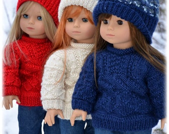 Archipelago, PDF Doll Clothes a textured stitch sweater and hat knitting pattern for American Girl Dolls by Debonair Designs