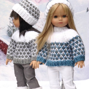 Olympia, PDF Doll Clothes a faux fair isle sweater and ski hat knitting pattern for American Girl Dolls by Debonair Designs