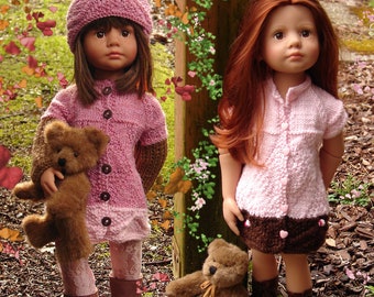 Best Friends PDF knitting pattern for slim all vinyl Gotz dolls a textured stitched dress/coat & hat/headband by Debonair Designs