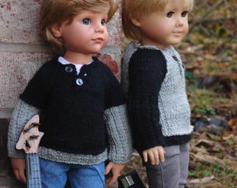 Boys Rock, Henley Hand knitted Sweater PDF Doll Clothes Pattern: American Boy & Slim Dolls