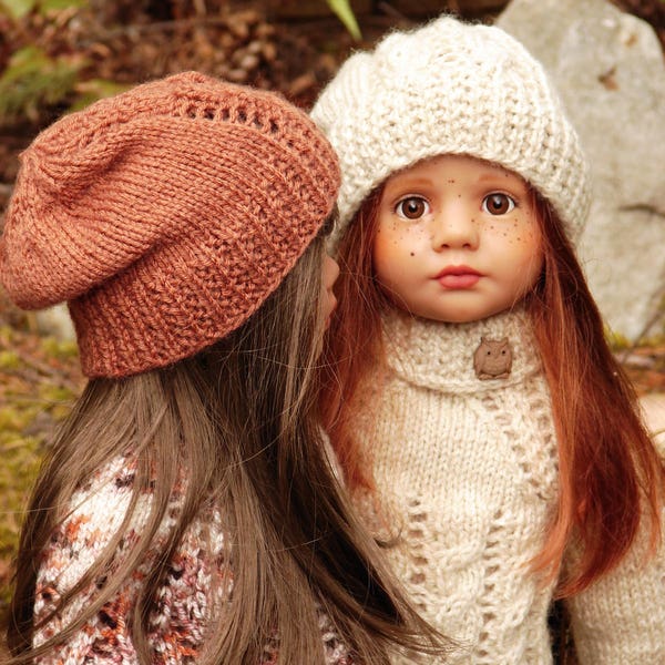 Shontae Slouchy PDF knitting pattern for slim all vinyl Gotz dolls a matching slouchy hat by Debonair Designs