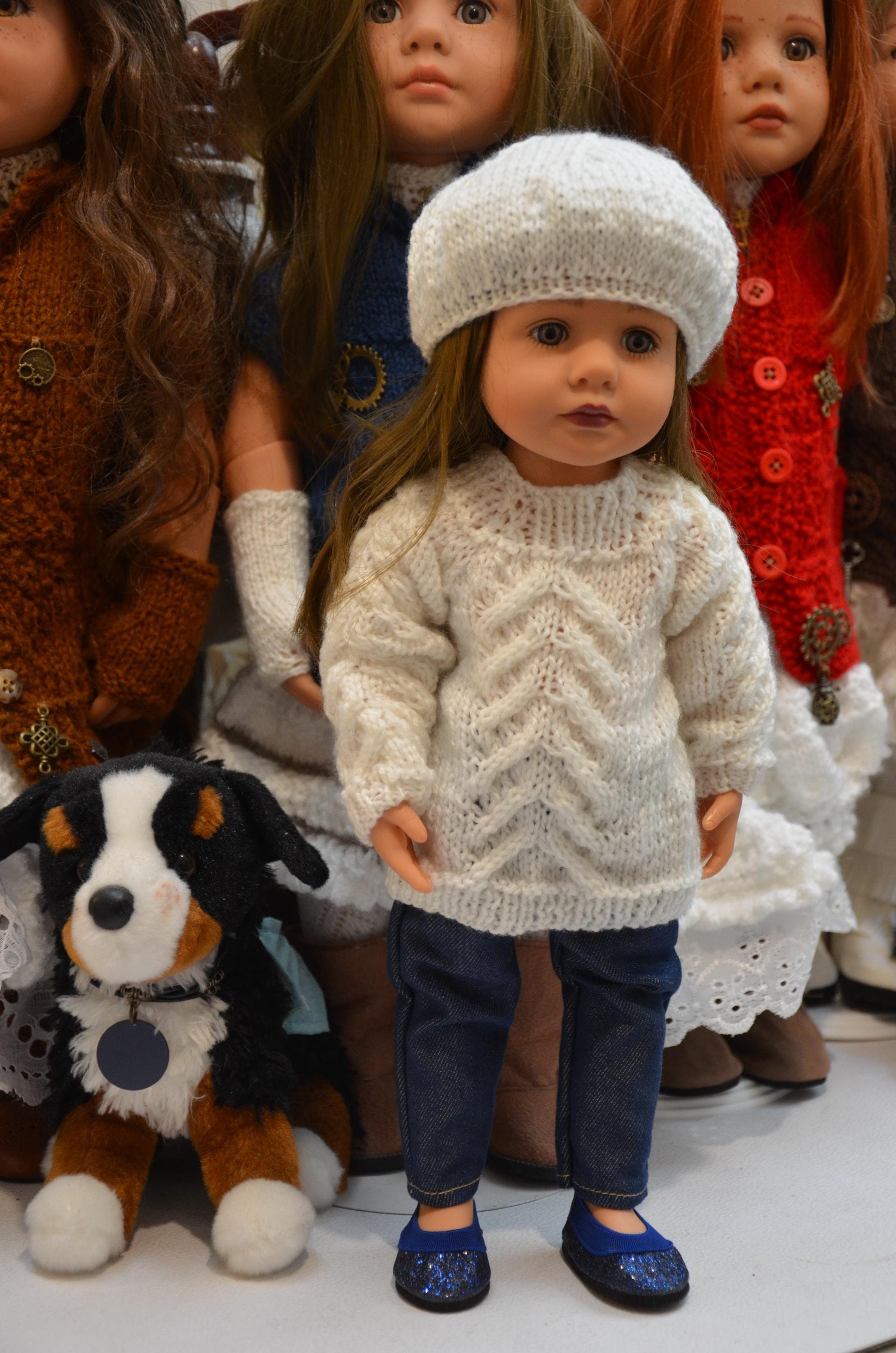 OOAK Hand Knitted Cabled Stitched Sweater & Hat designed to fit 14" Gotz Little Kidz dolls also will fit Paola Reina dolls