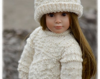 Whidbey PDF Slim 18" Doll Clothes a Gansey textured stitch sweater and hat knitting pattern for Kidz n Cats dolls by Debonair Designs