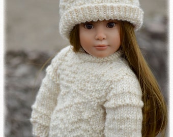 Whidbey 18" Doll Sweater Knitting Pattern: Gansey Stitch Hat, Kidz n Cats (PDF Pattern)