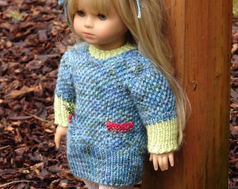 Anyah,  PDF Doll Clothes a textured stitched sweater dress knitting pattern for American Girl Dolls & 18" Gotz Dolls by Debonair Designs