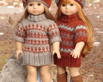 Ayanna a Doll Sweater Dress Hand Knitting Pattern: Faux Fair Isle, 18-inch Dolls (PDF Pattern)