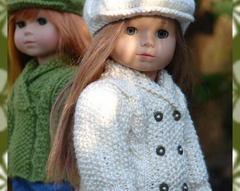 Bria, PDF Doll Clothes a shawl collared cardigan and sweater knitting pattern for American Girl Dolls/18" Gotz Dolls by Debonair Designs