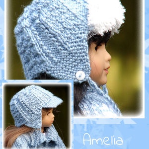 May include: A blue knitted hat with a white pom-pom and ear flaps. The hat is designed for a doll and has a button on the side. The hat is called "Amelia" and is designed by Debonair Designs.