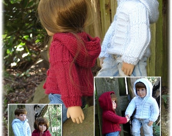 Urban, PDF slim 18" Doll Clothes a textured ribbed stitch hooded jacket knitting pattern for Kidz n Cats dolls by Debonair Designs