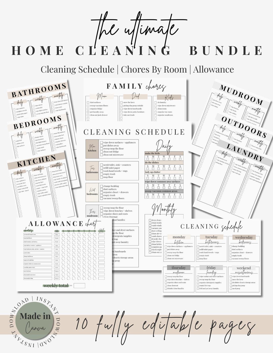 Editable Cleaning Schedule Bundle | Chore Charts, Home Planner (canva ...