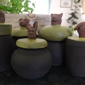 May include: A collection of five dark gray ceramic jars with matte finishes, each topped with a lime green lid. Each lid features a unique, hand-sculpted brown clay animal figurine, including a pig, a dog, a bird, and other small creatures.