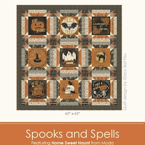 May include: A Halloween-themed quilt, 160cm x 160cm, with orange, black, and cream squares. The quilt features images of pumpkins, bats, ghosts, and cats. The words "Spooks and Spells" are displayed at the bottom.