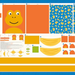May include: A sewing pattern for a frog-themed backpack. The pattern includes instructions and templates for cutting out fabric pieces. The backpack features a frog face on the front and a banana pattern on the back.