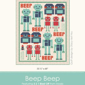 Peut inclure: Une courtepointe colorée avec un motif de robots en bleu sarcelle et rouge avec le mot "BEEP" dans une police rétro. La courtepointe mesure 141 x 173 cm et est conçue par Stacy Iest Hsu. La courtepointe est intitulée "Beep Beep".
