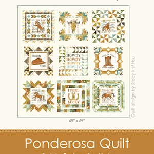 May include: A colorful quilt with a Western theme, featuring squares with cowboy-related imagery and phrases like "Howdy" and "Yee Haw." The quilt measures 69 inches by 69 inches.