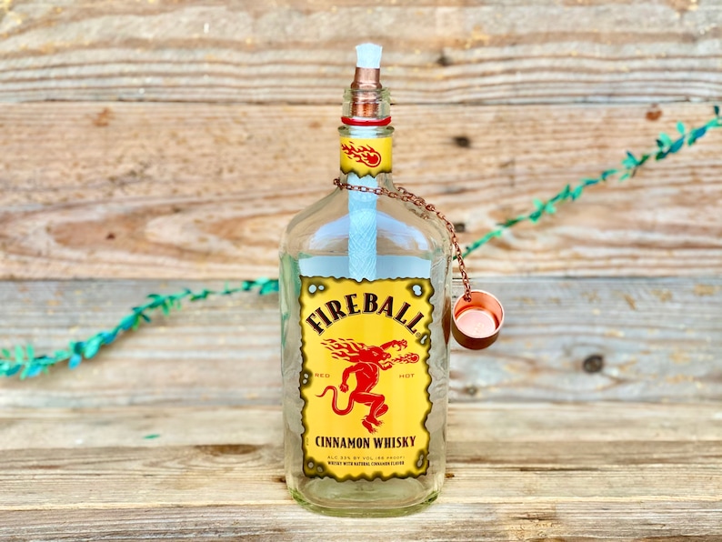 Fireball Cinnamon Whisky Whiskey Tiki Torch Recycled Bottle Table Top Tiki Torch