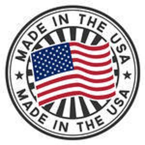 May include: Circular sticker with the text "MADE IN THE USA" in a black font around the perimeter. The center features the American flag with red and white stripes and a blue field of white stars.