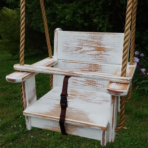 Wood Tree Swing- White Distressed Red Oak Kids Seat Style