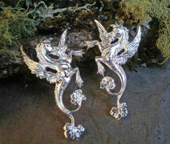 Silver Plated Stamping Hippocanthus Winged Horse Pair Mythological Beast
