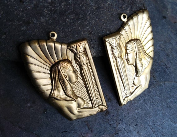 Raw Brass Egyptian Theme Sphinx Stamping Pair Right and Left