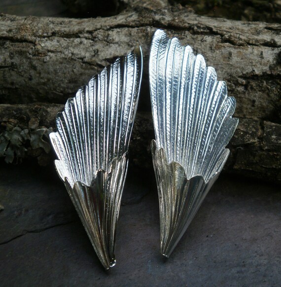 Bright Silver Plating Stamping Medium Fan Flare Focal Pair Folded