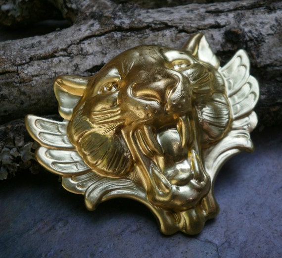 Raw Brass Stamping Cat Lion Face Roar