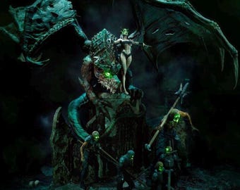 Diorama del Nigromante y el Dragón No Muerto / Figura de resina de fantasía oscura impresa en 3D / 35 cm