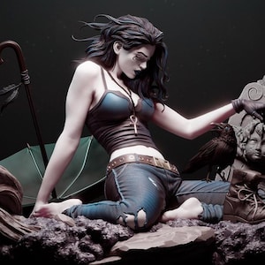 May include: A dark-haired woman with pale skin sits on a rock formation, wearing a blue tank top, ripped jeans, and a necklace with an ankh pendant. She is holding a raven in her hand, and there is a green umbrella and a tombstone behind her.