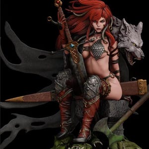 Może przedstawiać: Figurkę wojowniczki o rudych włosach, trzymającej miecz i ubraną w kolczugę i skórzane buty. Siedzi na tronie z wilkiem u boku. Tron jest ozdobiony czaszkami i dużym toporem.