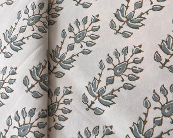 White Cotton Drapery Fabric: Light Blue Fleur Print, Brown Outline
