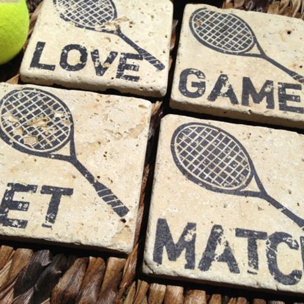 Tennis Love, GAME, SET, MATCH Natural Stone Coaster Collection (4),  Beer Coaster,   Drink Coaster, Tennis Racket