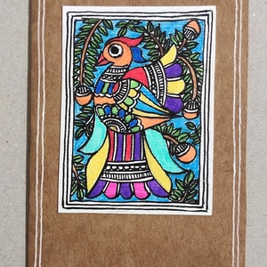Carte de correspondance d'oiseau de peinture de Madhubani, carte de voeux de saisons, cartes intérieures vierges, peinture originale, art folklorique ook, merci, anniversaire, nouvel an