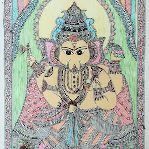 Madhubani painting Ganesha, elephant god, traditional folk art India, original painting, OOK painting, Diwali gifts, rakshabandhan