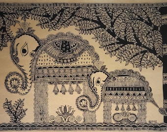 Elephant Godna Madhubani Painting, Mithila Tribal Art
