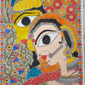 May include: A colorful folk art painting depicting a couple with large eyes and intricate details. The painting features a vibrant palette of red, orange, yellow, green, blue, and black. The couple is surrounded by flowers and birds, creating a whimsical and romantic scene.