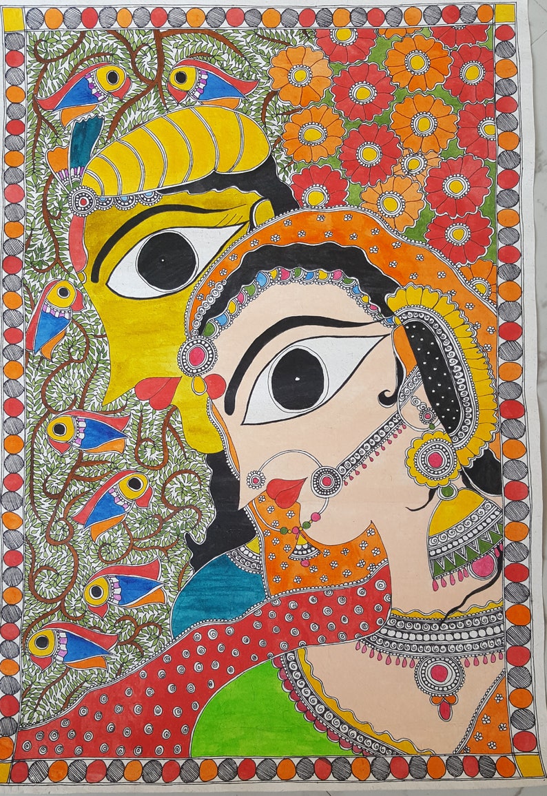 May include: A colorful folk art painting depicting a couple with large eyes and intricate details. The painting features a vibrant palette of red, orange, yellow, green, blue, and black. The couple is surrounded by flowers and birds, creating a whimsical and romantic scene.