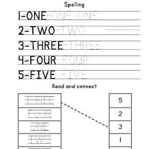 Op de afbeelding: Een zwart-wit werkblad voor spelling en getalherkenning. Het werkblad bevat de woorden "EEN", "TWEE", "DRIE", "VIER" en "VIJF" met lijnen om te traceren. Het onderste gedeelte is een matching oefening.