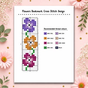 Boekmarker met viooltjesmotief, een knutselactiviteit voor kruissteek - Sjabloon voor een boekmarker | kleurrijke bloemenmotieven, borduurpatroon (pdf download)