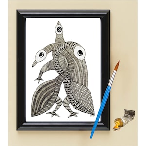 Gond painting / contemporary fusion art / Birds painting / Indian folk art / minimilistic art / ethnic modern art / tribal art/ south asian