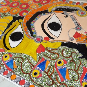 May include: A colorful painting depicting a couple with large eyes, surrounded by intricate floral patterns and birds. The artwork is done in a traditional Indian style, with vibrant colors and detailed lines.