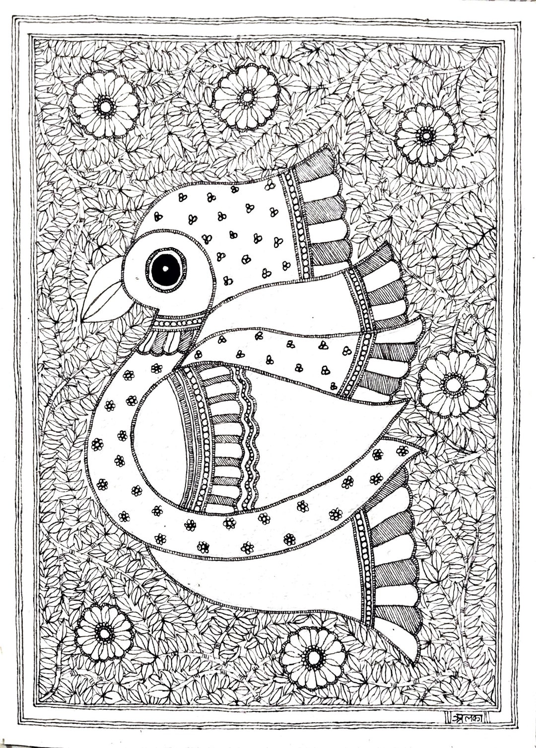 Madhubani Painting Bird, Coloring Page Digital Download, Hand Drawn