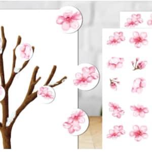 May include: Watercolor illustration of a tree with brown branches and pink cherry blossoms. The image includes a close-up of the blossoms and sheets of cherry blossom stickers.