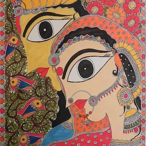 May include: A colorful painting depicting a couple in traditional Indian clothing. The painting is done in a folk art style with intricate details and vibrant colors. The couple's eyes are large and expressive, and they are surrounded by flowers and birds.