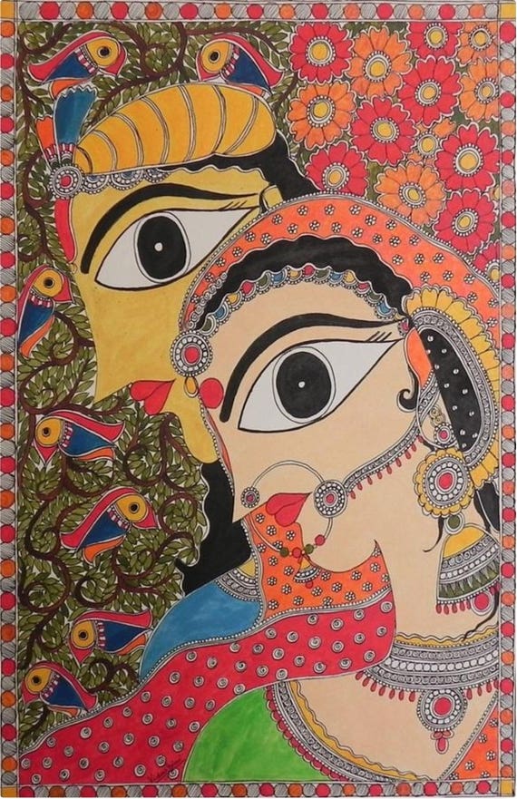 Radha Krishna Madhubani Painting, Traditional Indian Folk Art