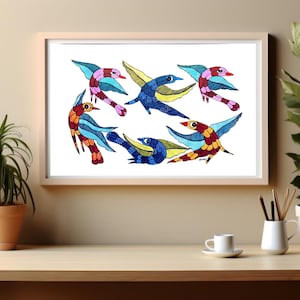 Gond painting/ contemporary fusion art/ 6 Birds painting/ Indian folk art/ minimilistic art/ ethnic modern art/ tribal art/ south asian art